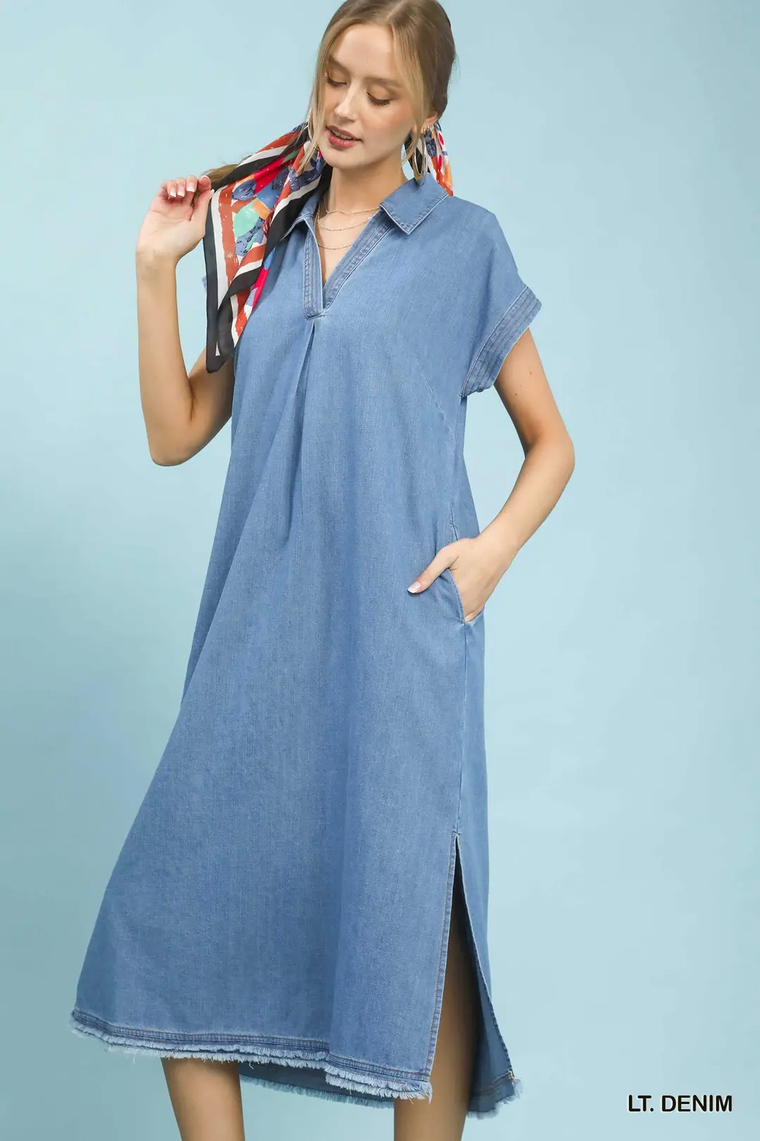 Stone Washed Collared Denim Midi Dress, image 2
