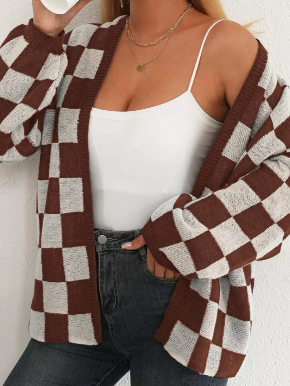 Checkerboard Pattern Open Front Knit Cardigan, image 10