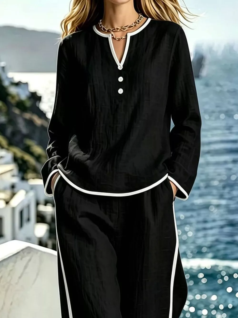 Contrast Trim Long Sleeve Top and Pants Set, image 10
