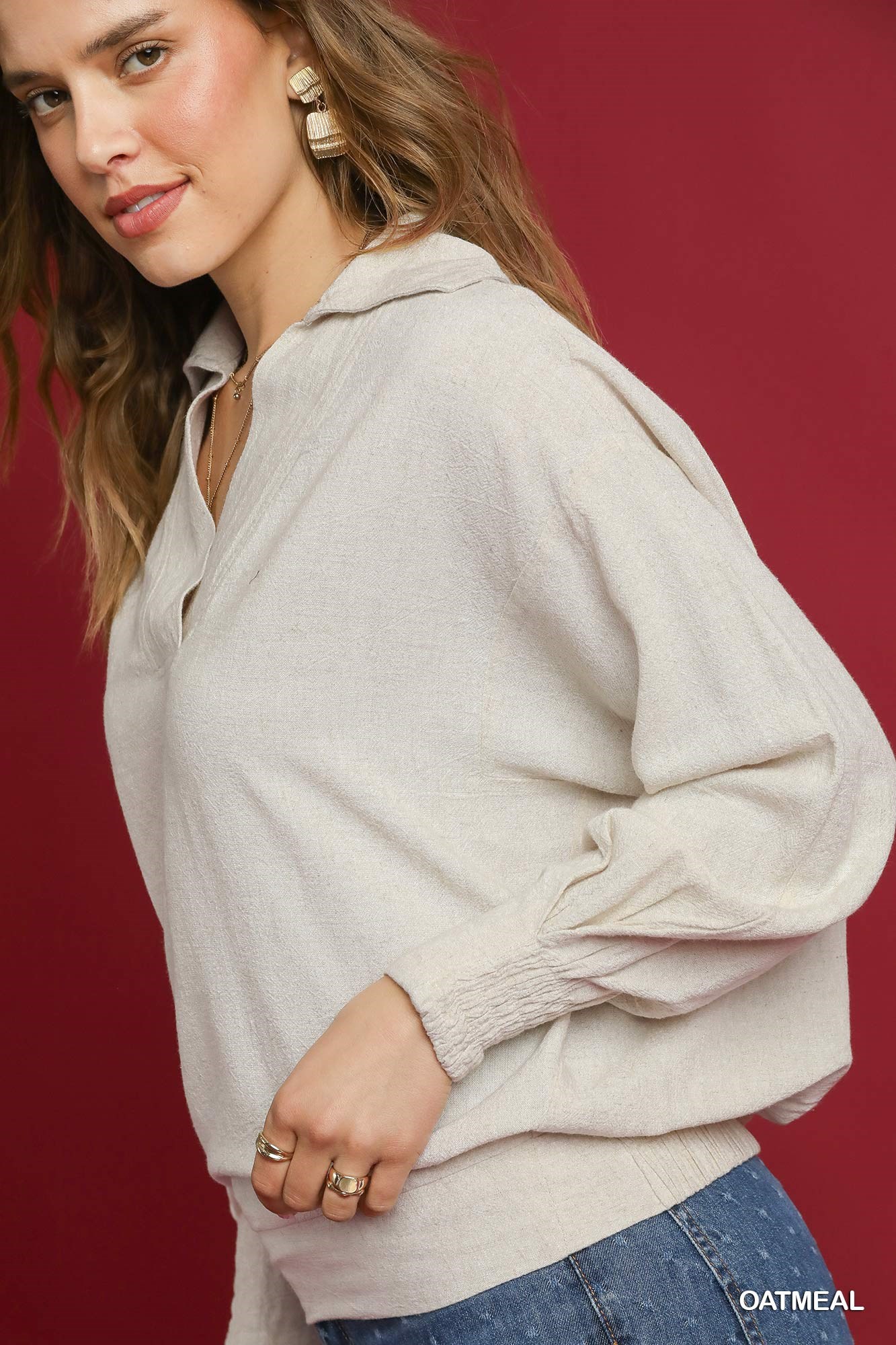Linen Long Sleeves Elastic Hem Blouse, image 3