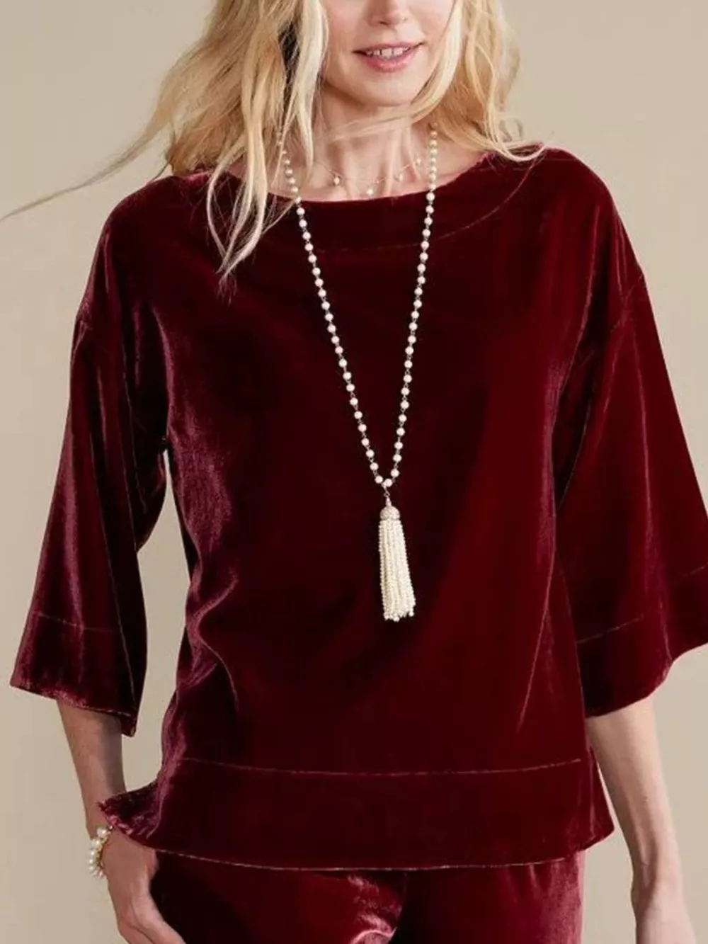 Velvet Boat-Neck T-Shirt with Three-Quarter Sleeves