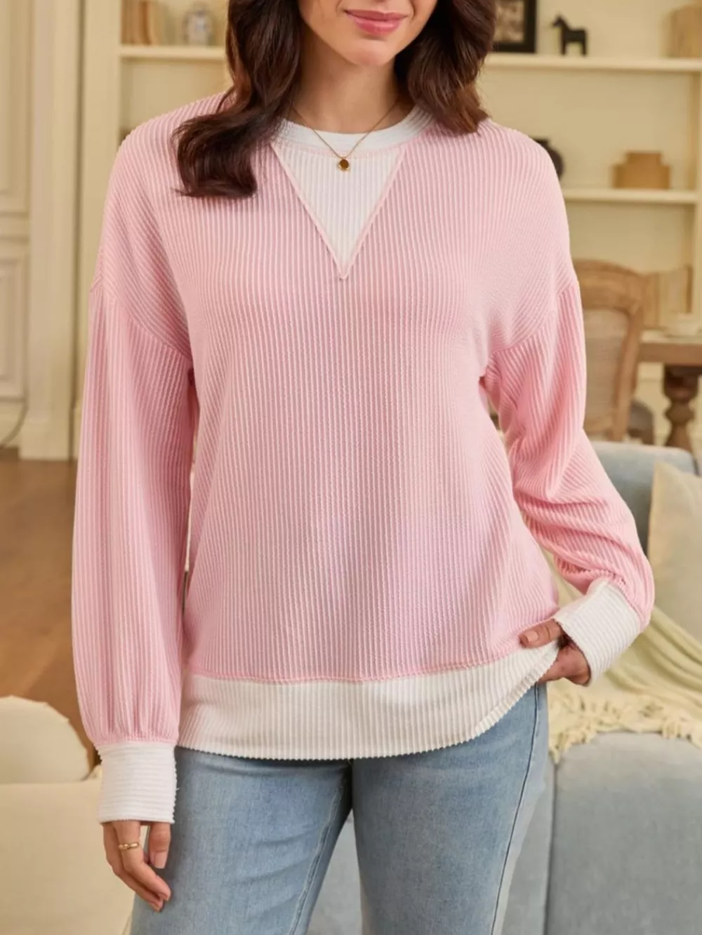 Two-Tone Ribbed Knit Sweatshirt, image 7