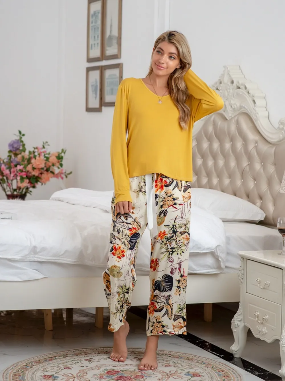 Round Neck Top and Printed Pants Lounge Set, image 5