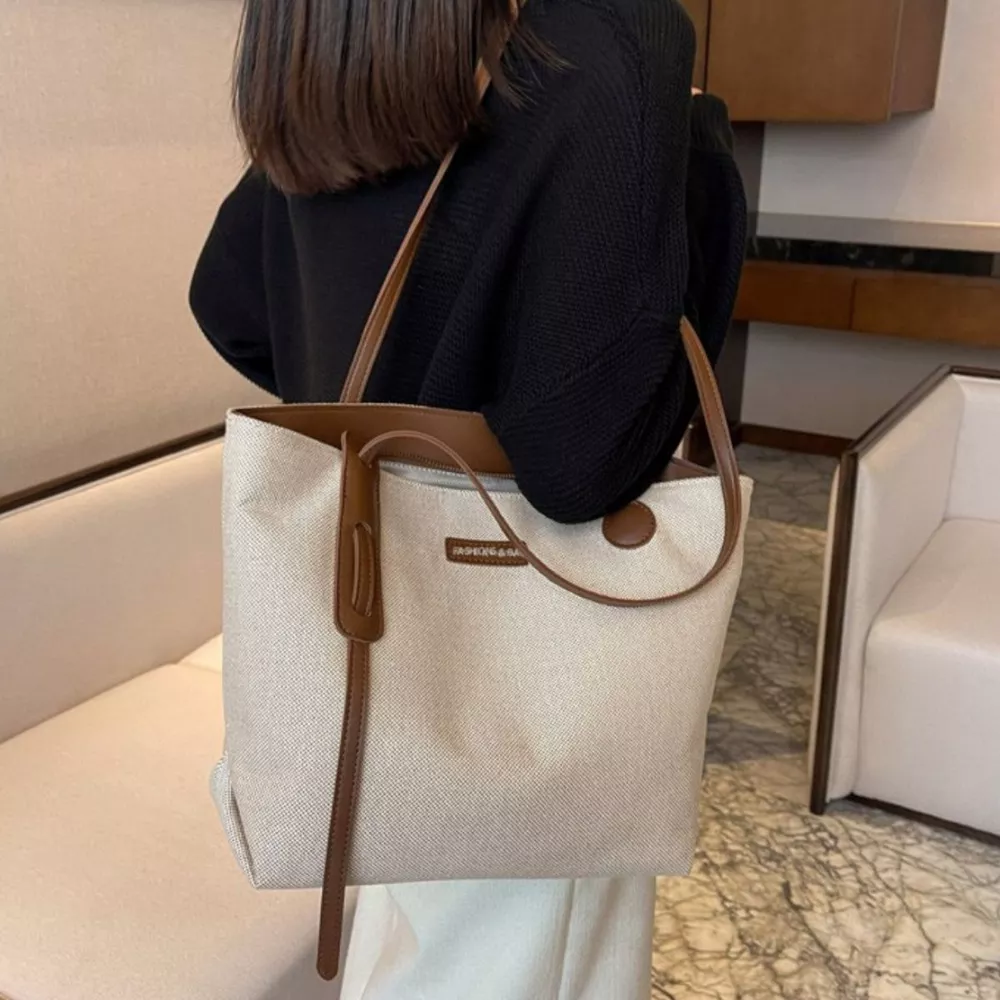 Leather Trim Canvas Shoulder Bag, image 2