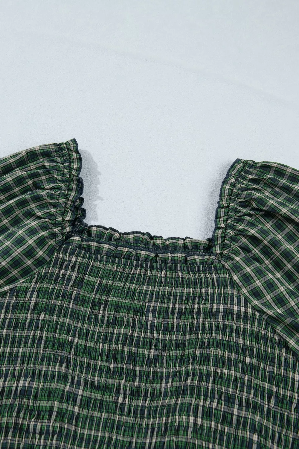 Plaid Square Neck Shirred High Waist Ruffle Hem Maxi Dress, image 8