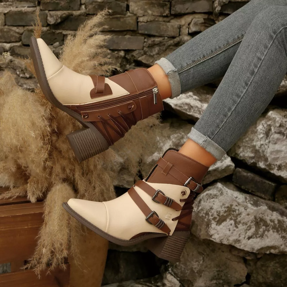 Point Toe Buckle Strap Ankle Boots with Block Heels, image 13