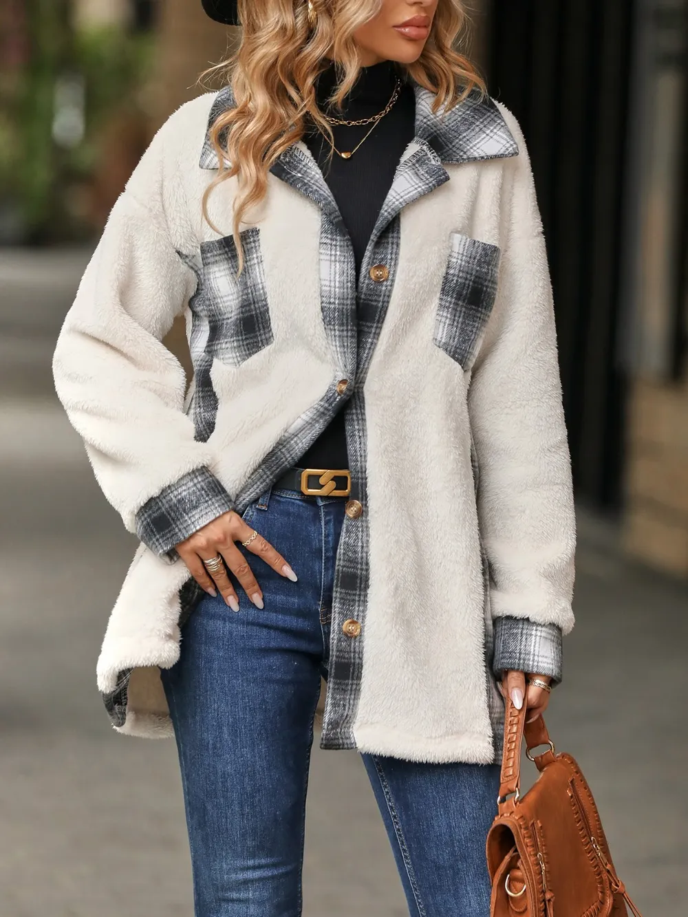 Plaid Contrast Dropped Shoulder Coat, image 8