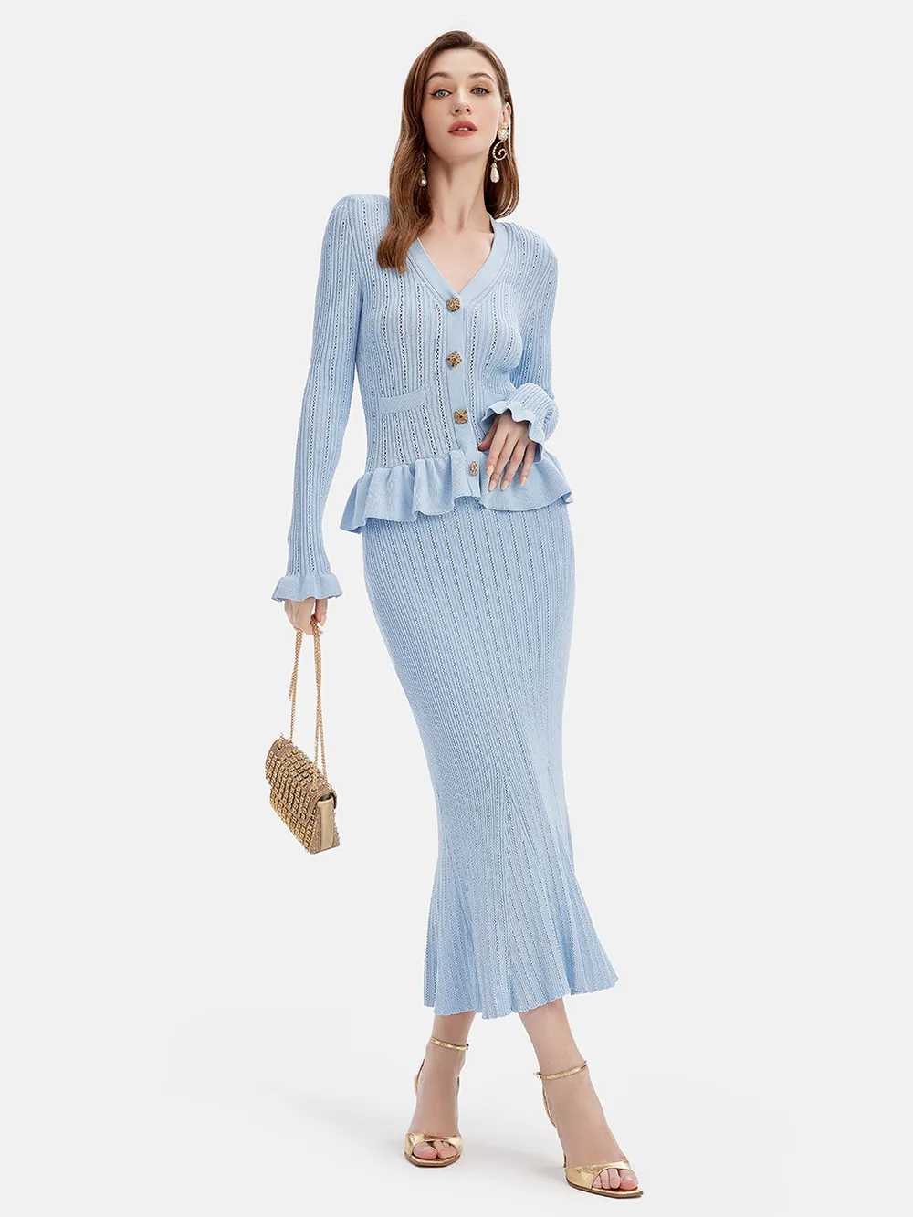 Ruffled V-Neck Top and Midi Skirt Sweater Set, image 6