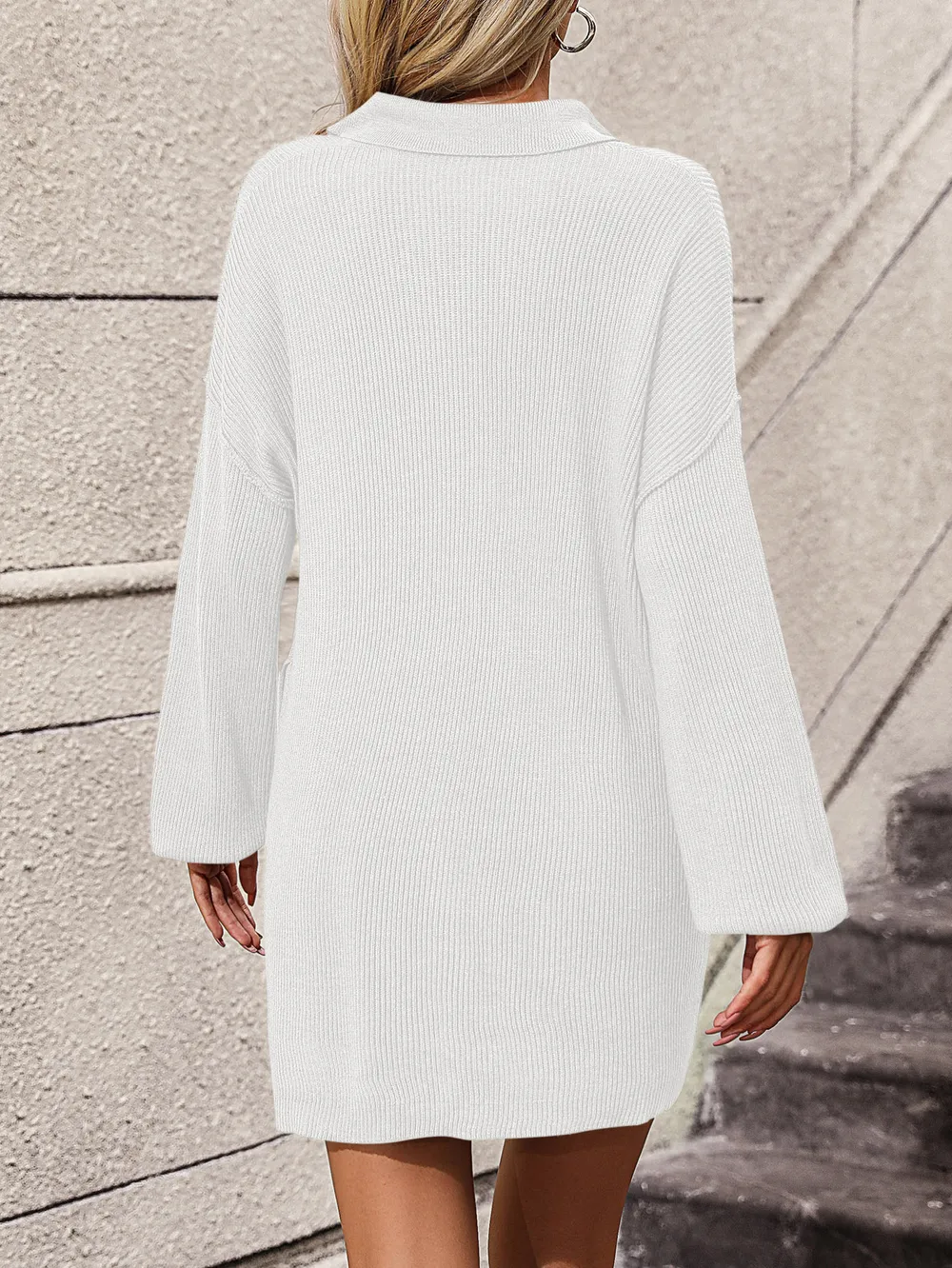 Collared Neck Long Sleeve Sweater Dress with Pockets, image 16