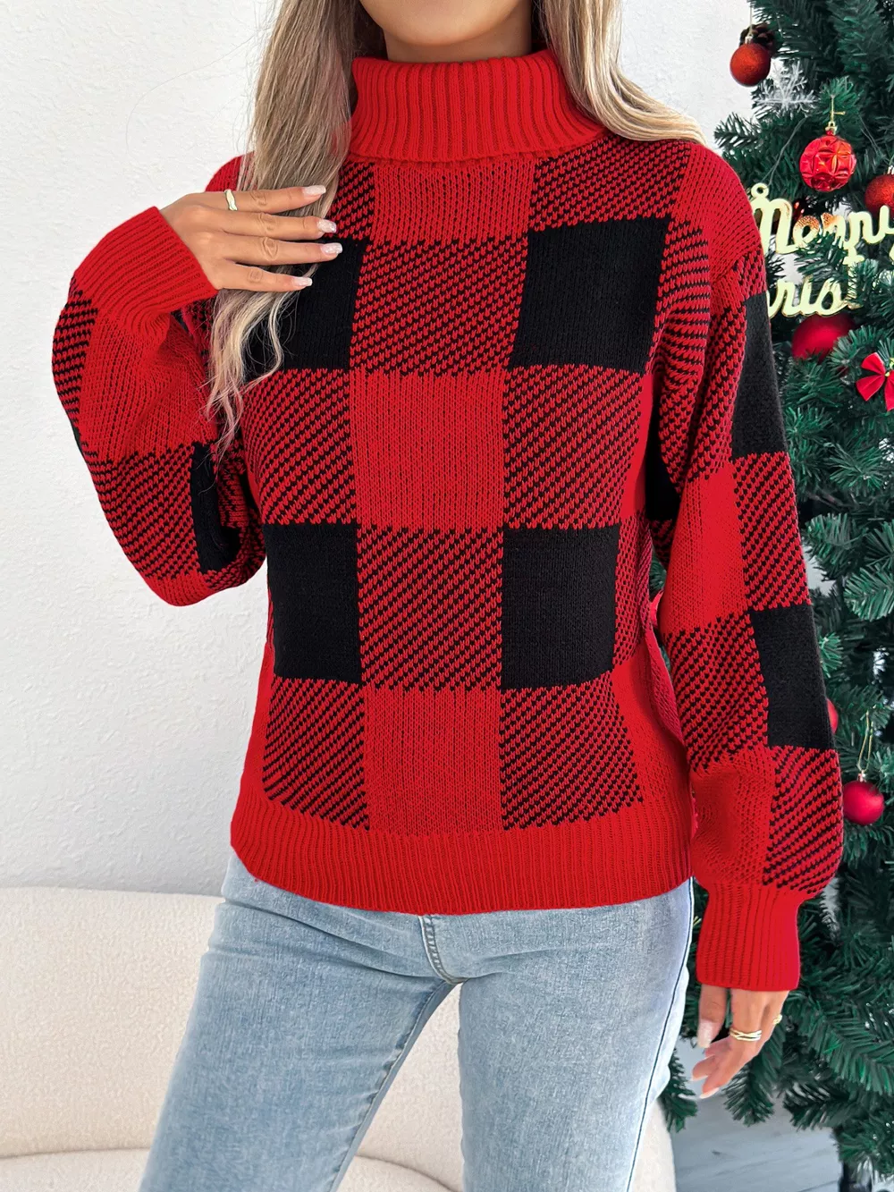 Christmas Plaid Long Sleeve Turtleneck Sweater, image 11