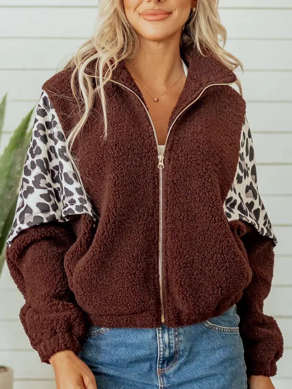 Leopard Patchwork Fleece Western Style Zip-up Collar Jacket, image 5
