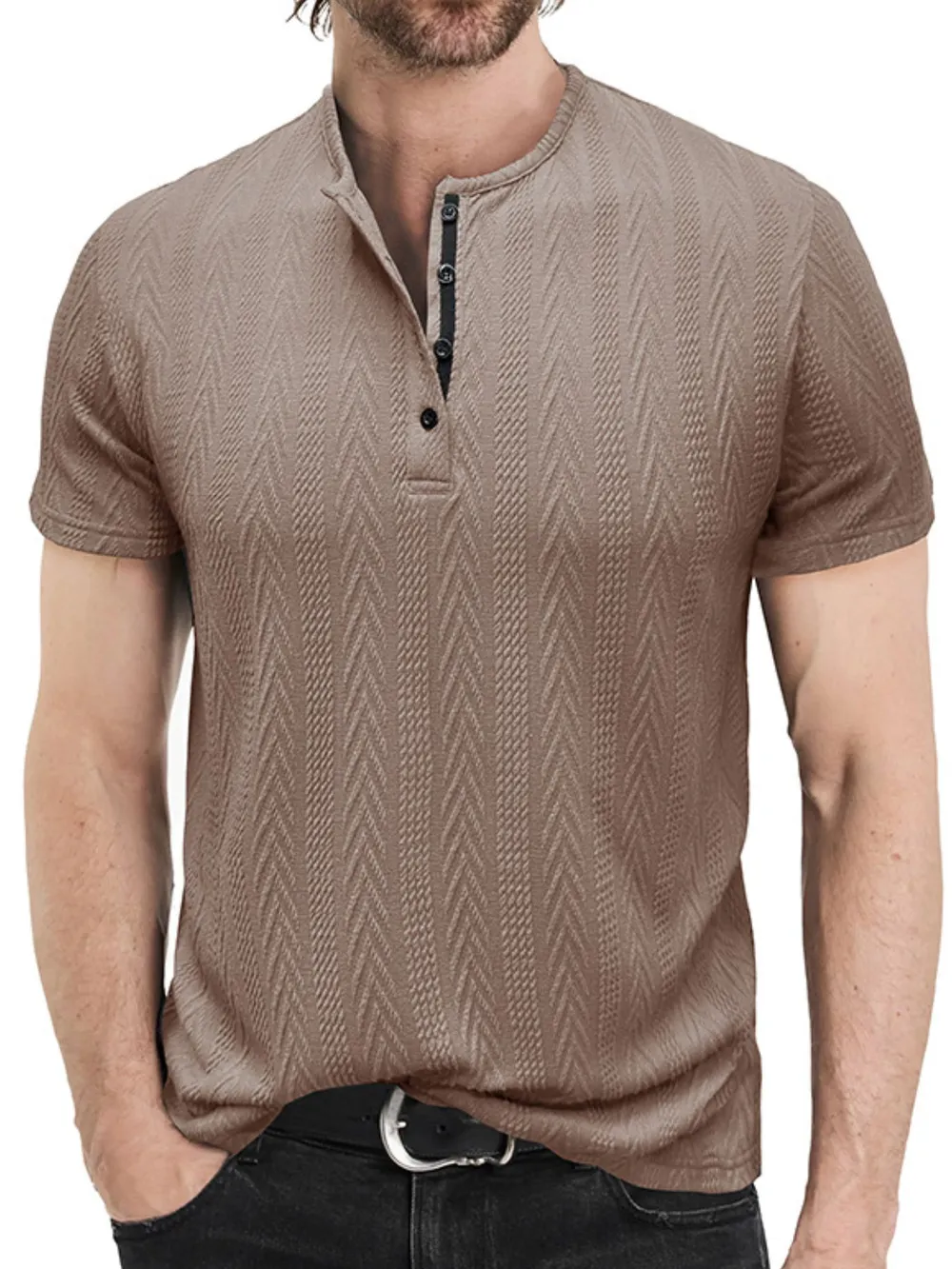 Men's Textured Chevron Pattern Henley Polo Shirt, image 2