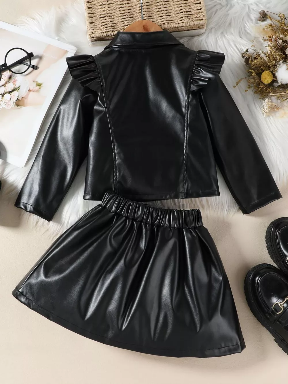 Children's Ruffled Faux Leather Top and Skirt Set, image 18