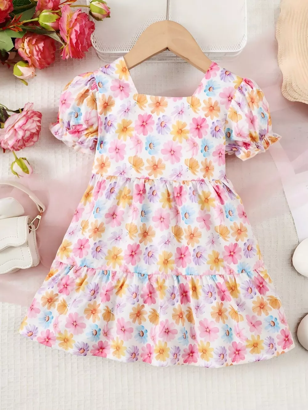 Children's Floral Print Puff Sleeve Ruffle Hem Dress, image 3