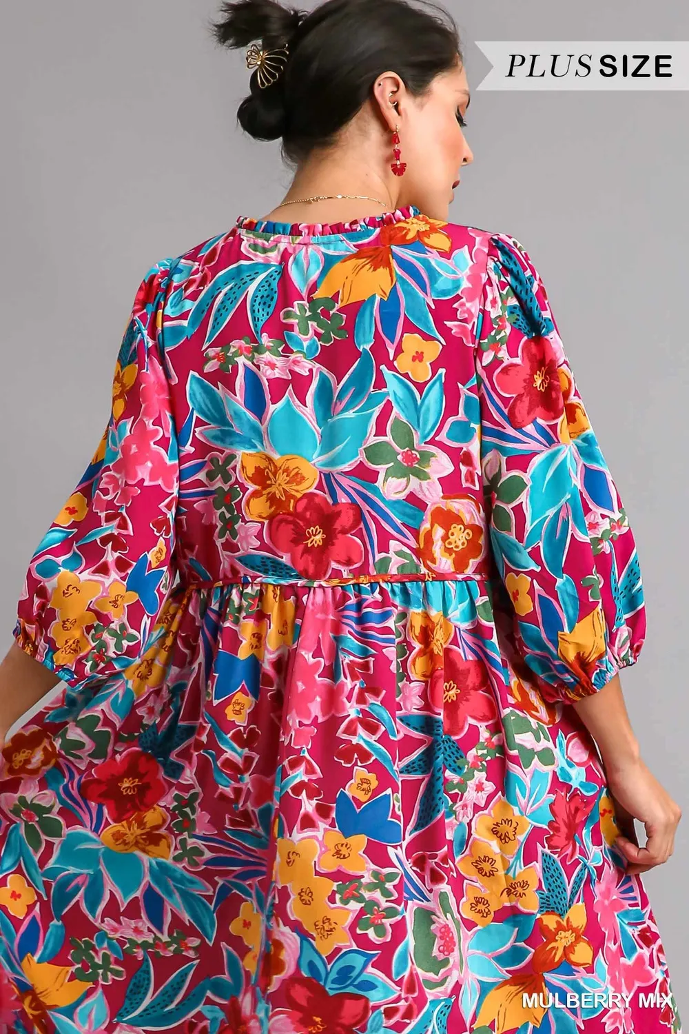 Full Size Floral Print Tie Neck Midi Dress with Pockets Plus Size, image 4