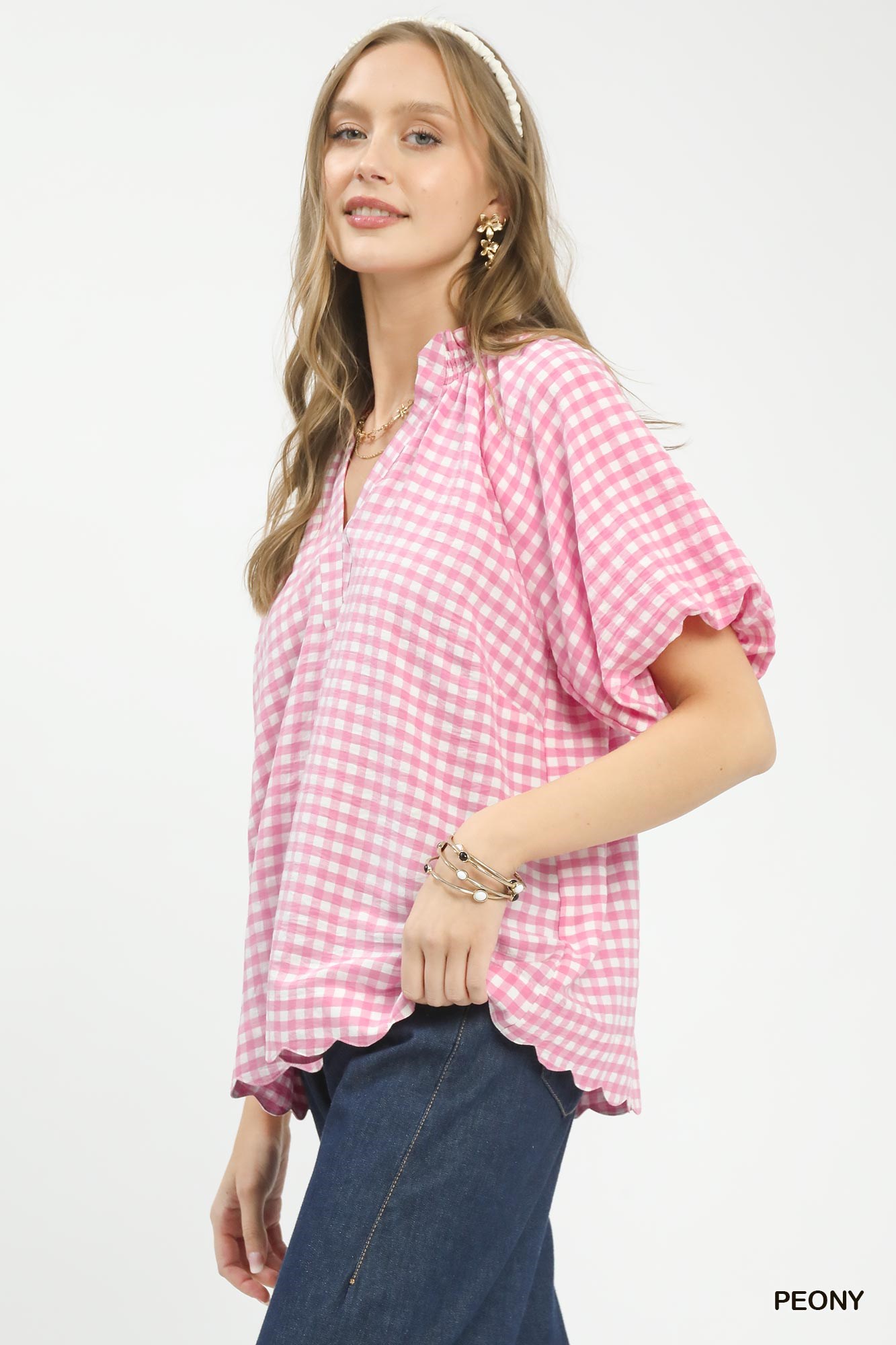 Gingham Bubble Sleeve Blouse with Scallop Hem, image 4