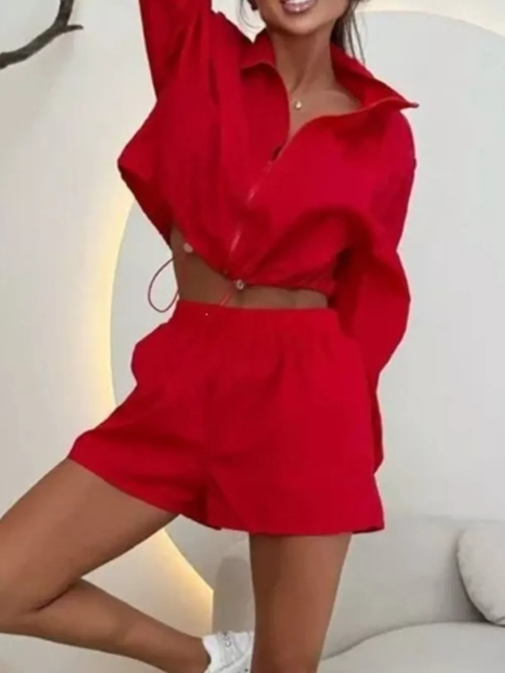 Zip-Up Crop Jacket and High-Waisted Shorts Set, image 6