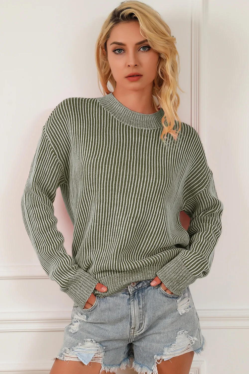 Striped Mock Neck Dropped Shoulder Sweater, image 2