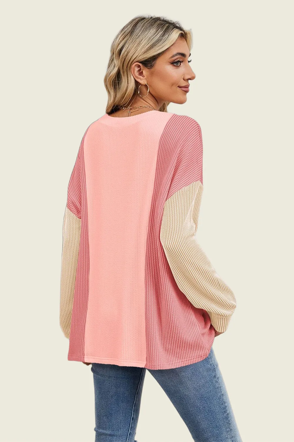 Texture Contrast Round Neck Long Sleeve T-Shirt, image 18