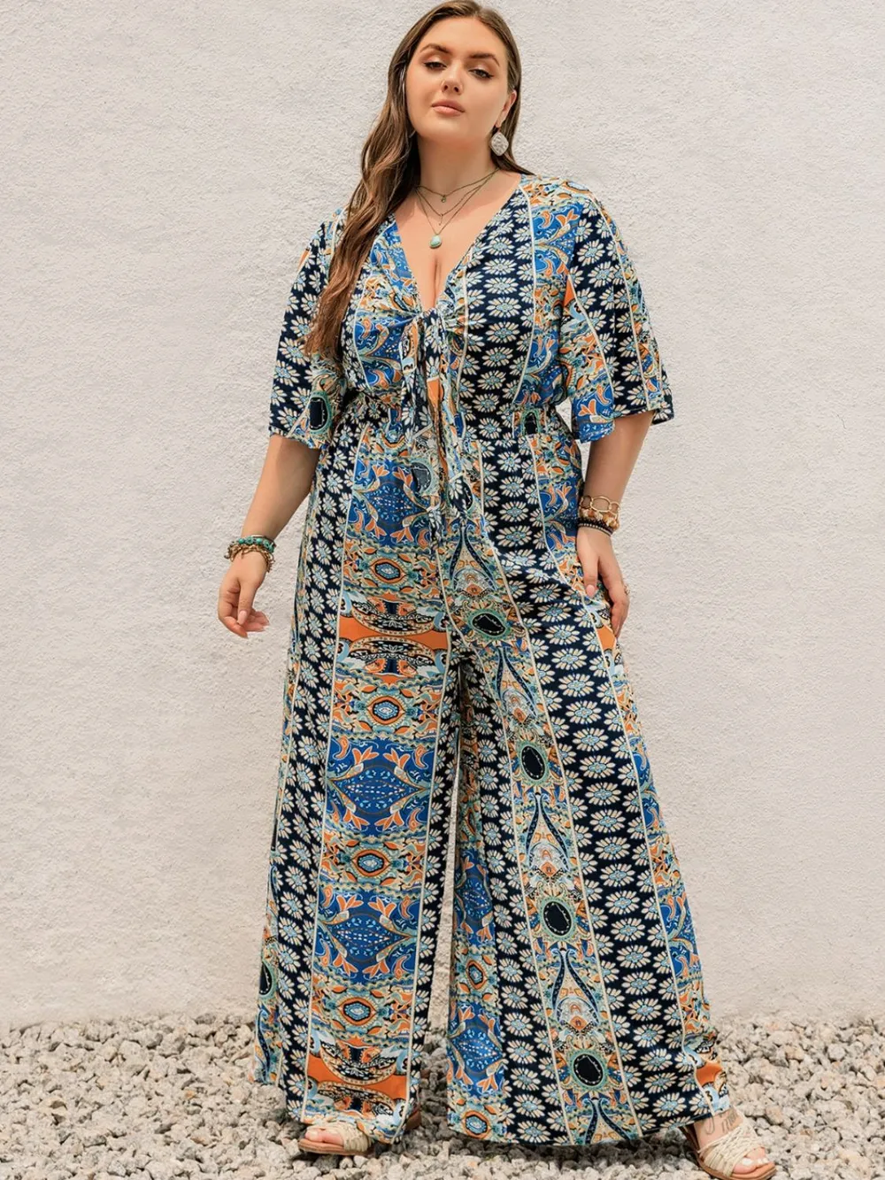 Plus Size Printed Half Sleeve Wide Leg Jumpsuit, image 7