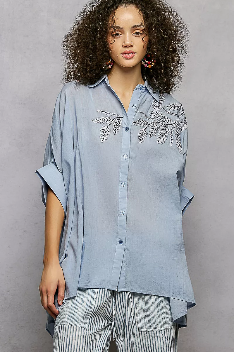 Button Down Embroidered Floral High-Low Hem Shirt, image 2
