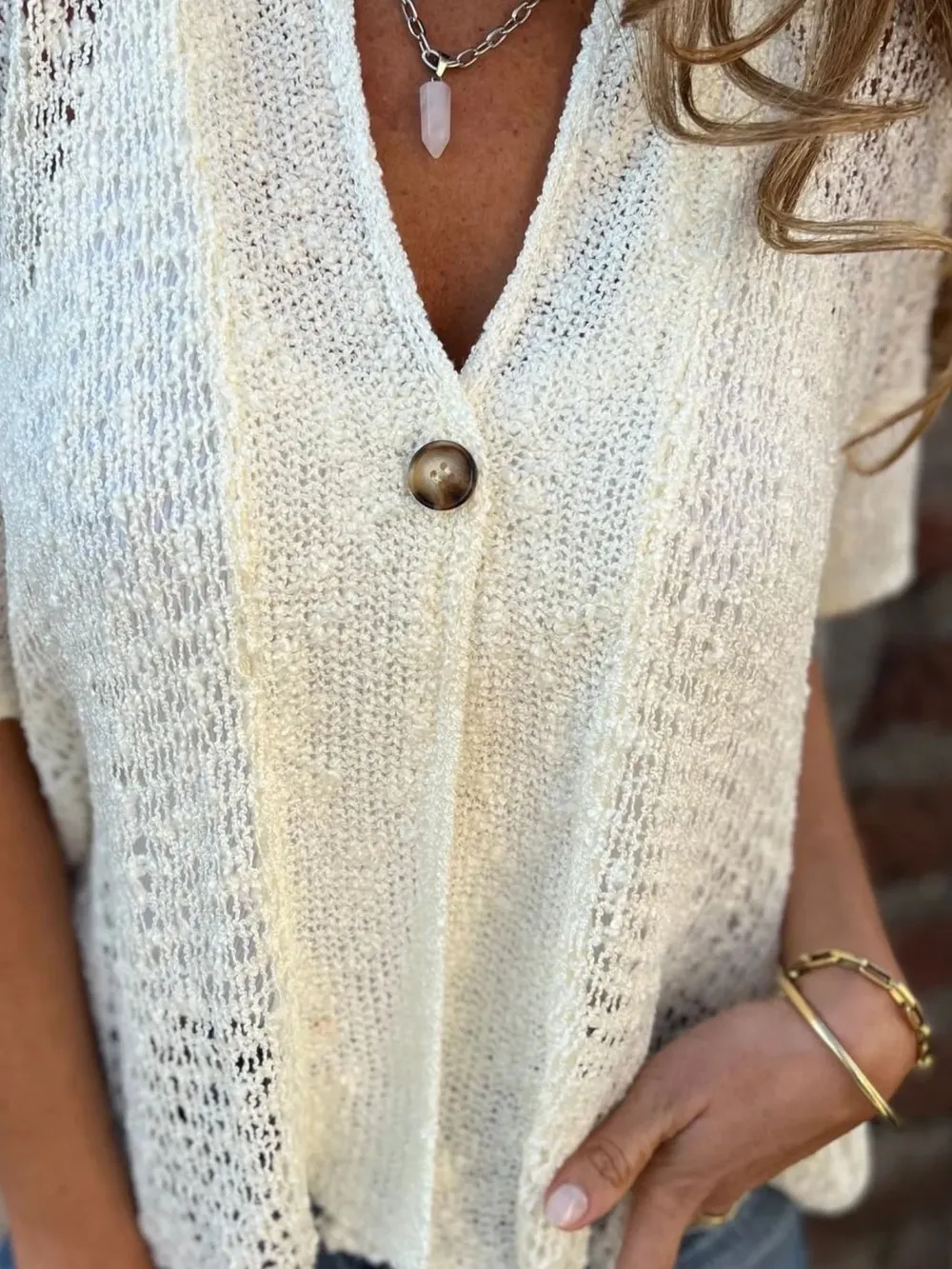 Full Size One Button Openwork Cardigan Plus Size, image 13