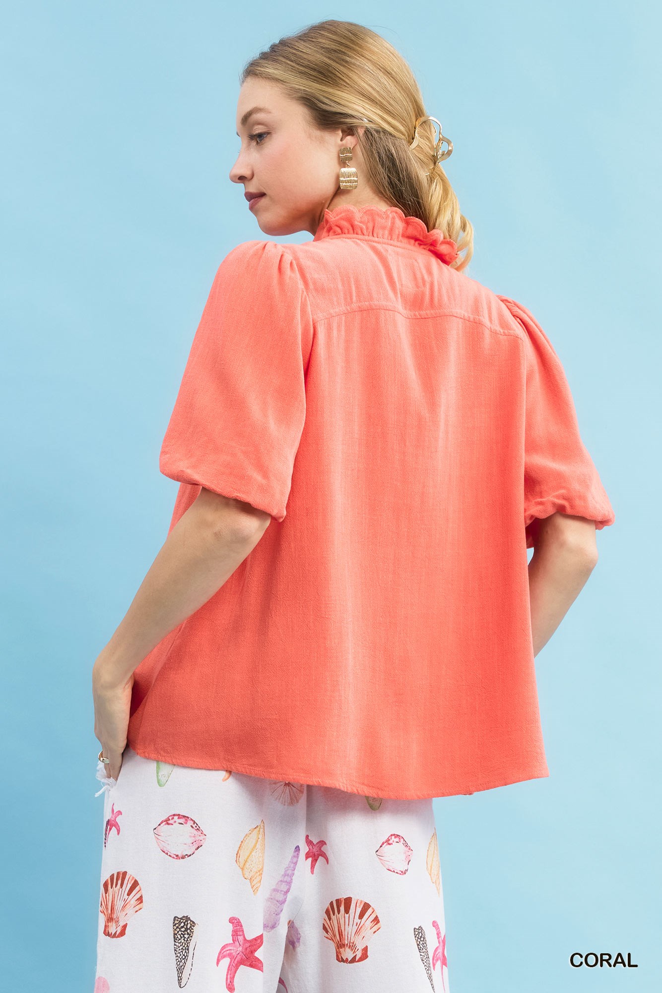 Linen Scallop Trim V-Neck Blouse, image 4