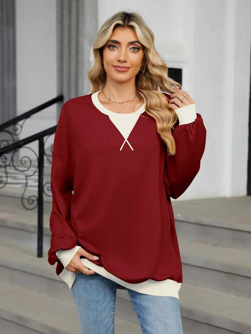 Contrast Round Neck Long Sleeve Sweatshirt, image 24