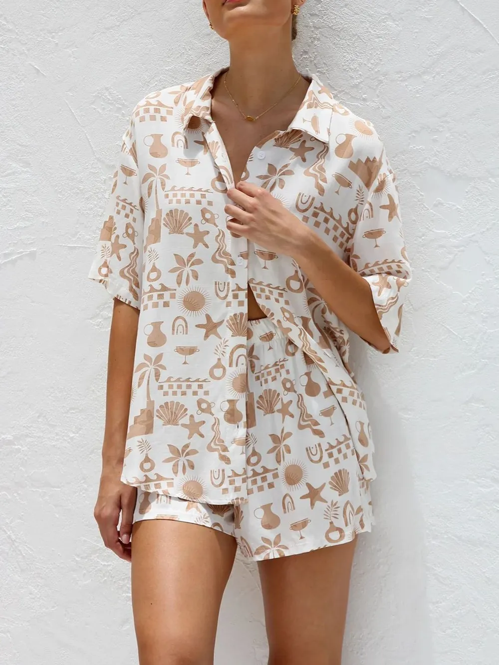 Printed Button Down Short Sleeve Top and Shorts Set, image 17