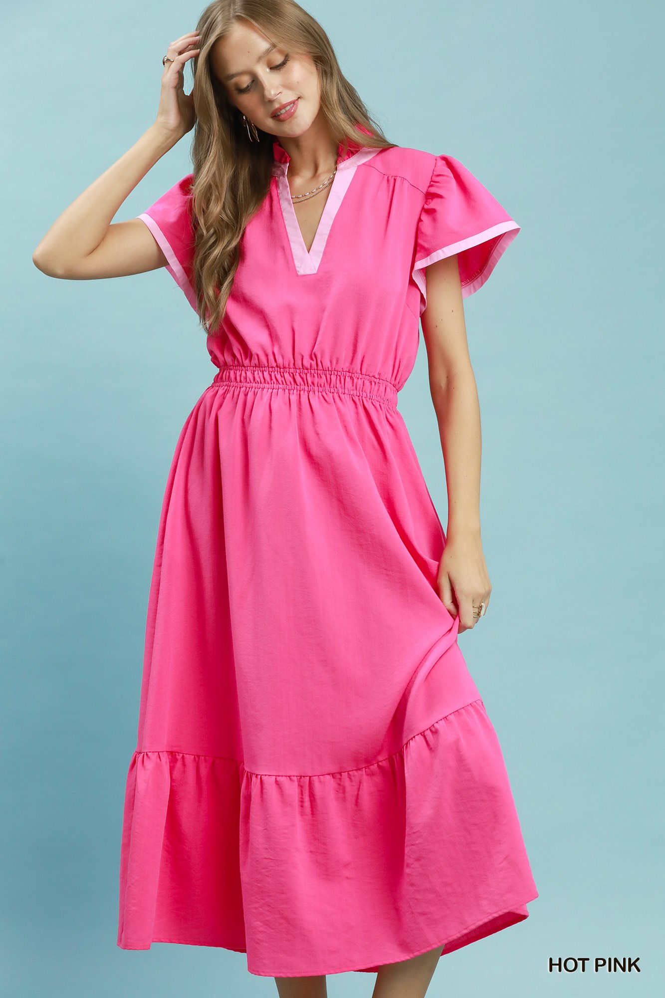 Contrast Trim Midi Dress with Tiered Ruffle Hem