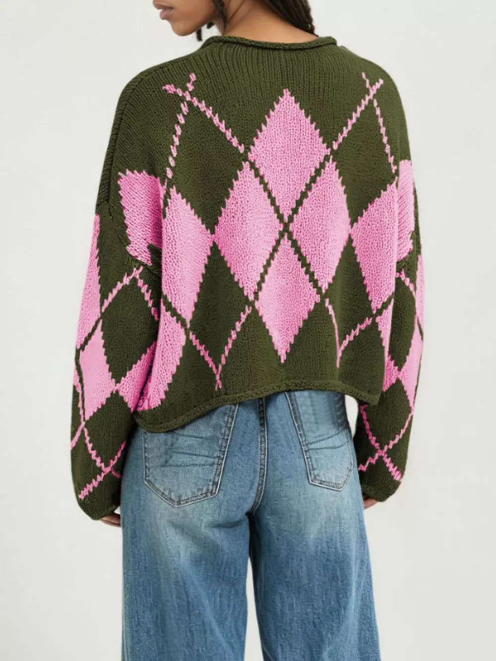 Argyle Pattern Knit Dropped Shoulder Sweater, image 5