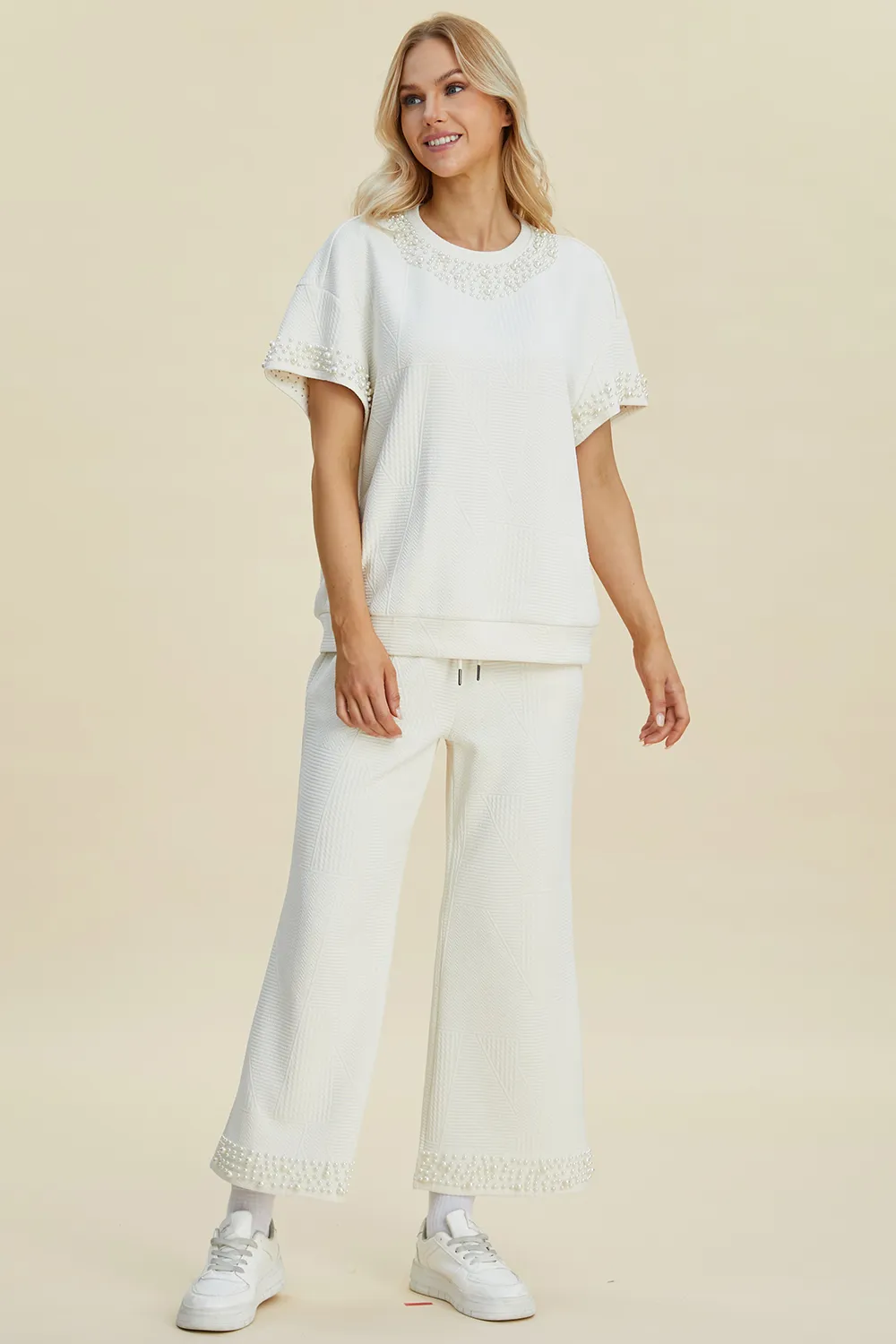 Full Size Pearl Detail Round Neck Top and Pants Set, image 14