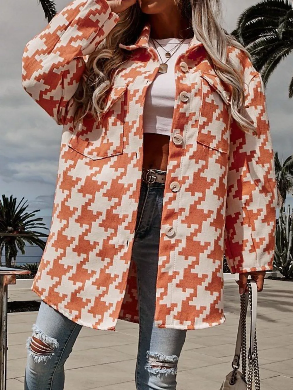 Houndstooth Button Up Long Sleeve Outerwear, image 15