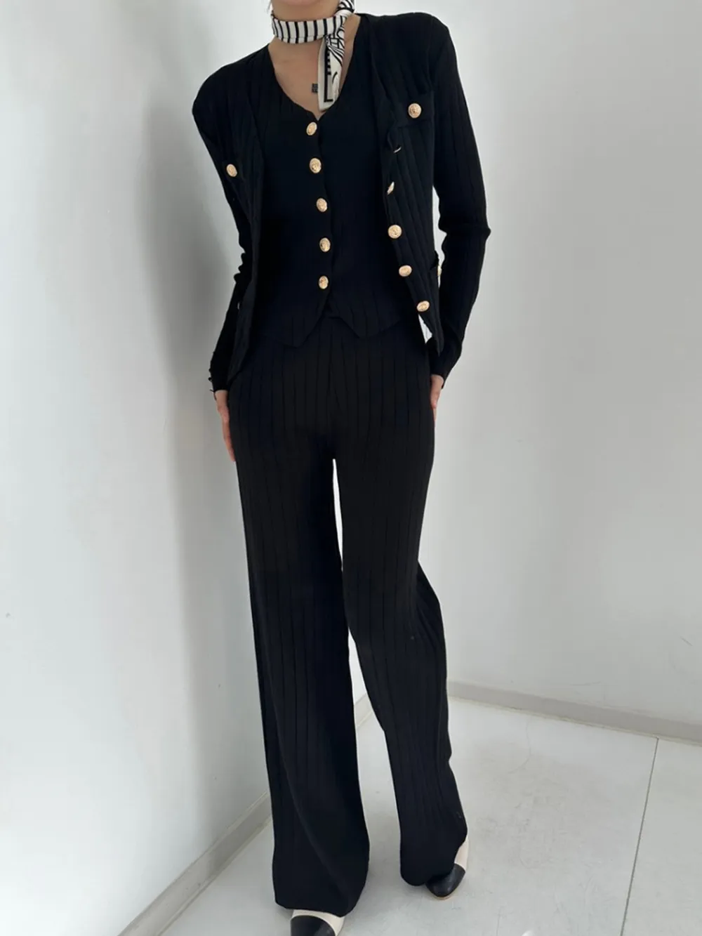 V-Neck Tank, Cardigan and Pants Three-Piece Sweater Set, image 7