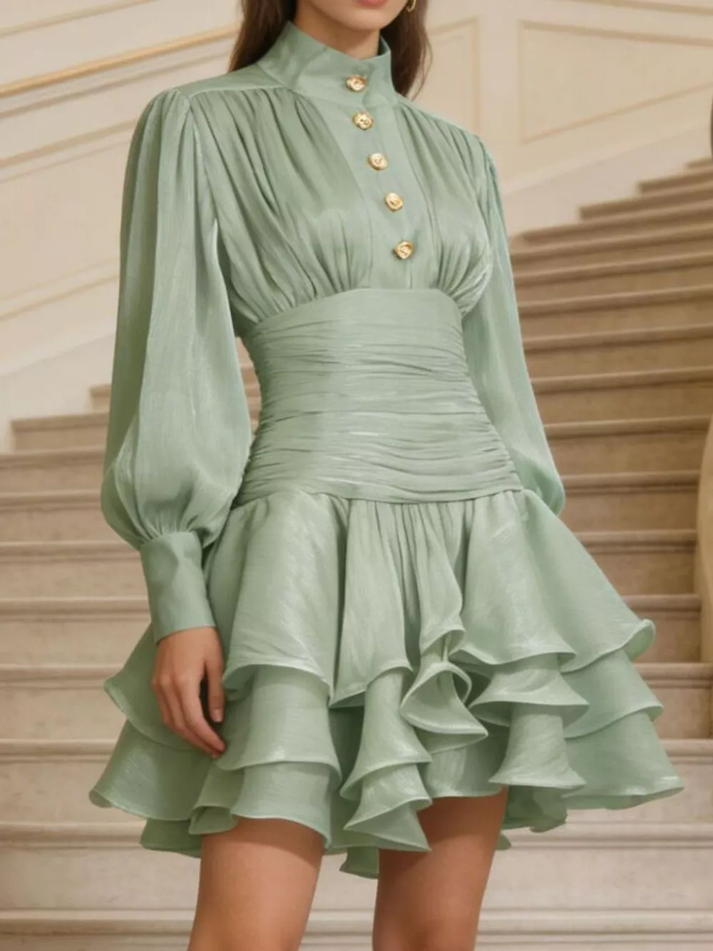 Ruffled Layered Lantern Sleeve Mini Dress, image 6