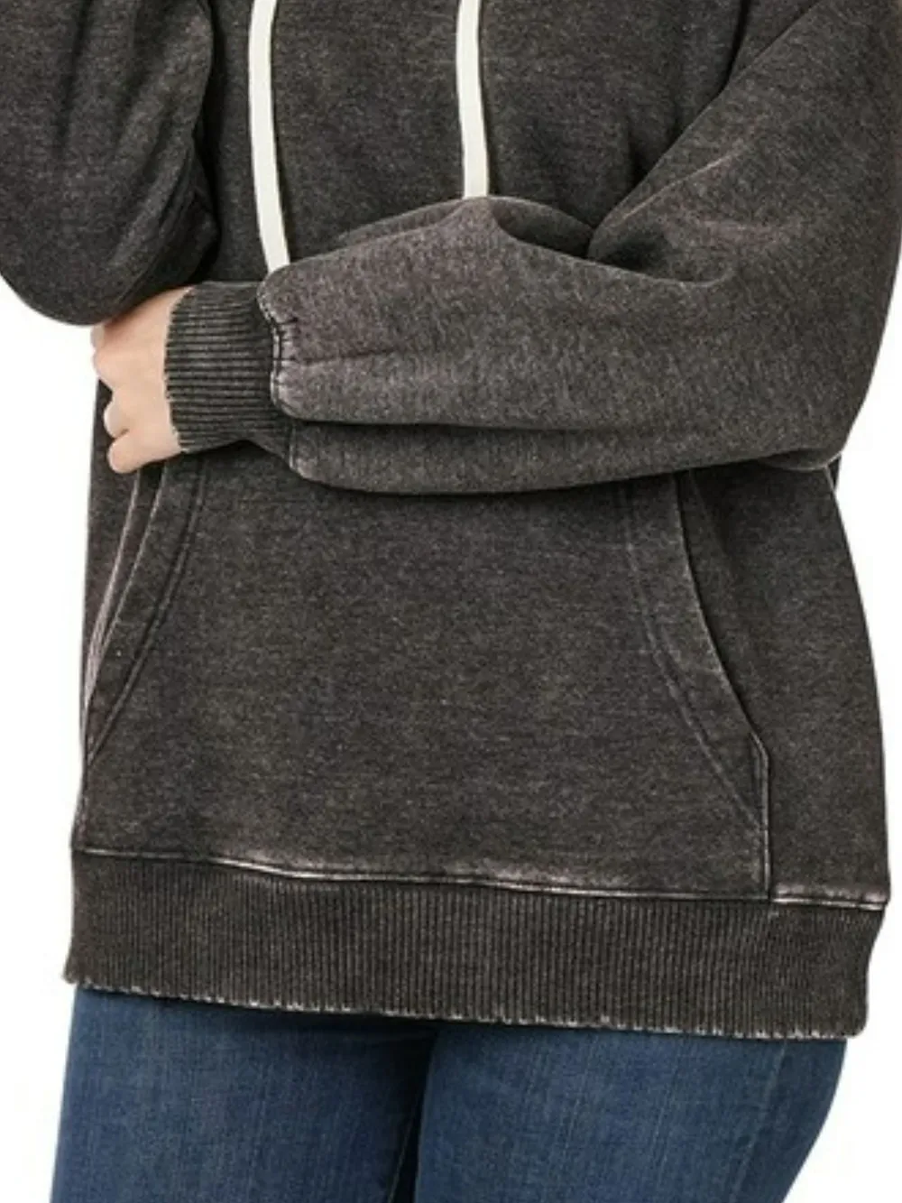 Acid Wash Fleece Hoodie with Drawstring, image 2