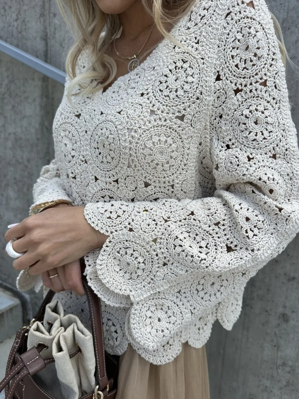 Crochet Lace V-Neck Bell Sleeve Knit Top, image 2