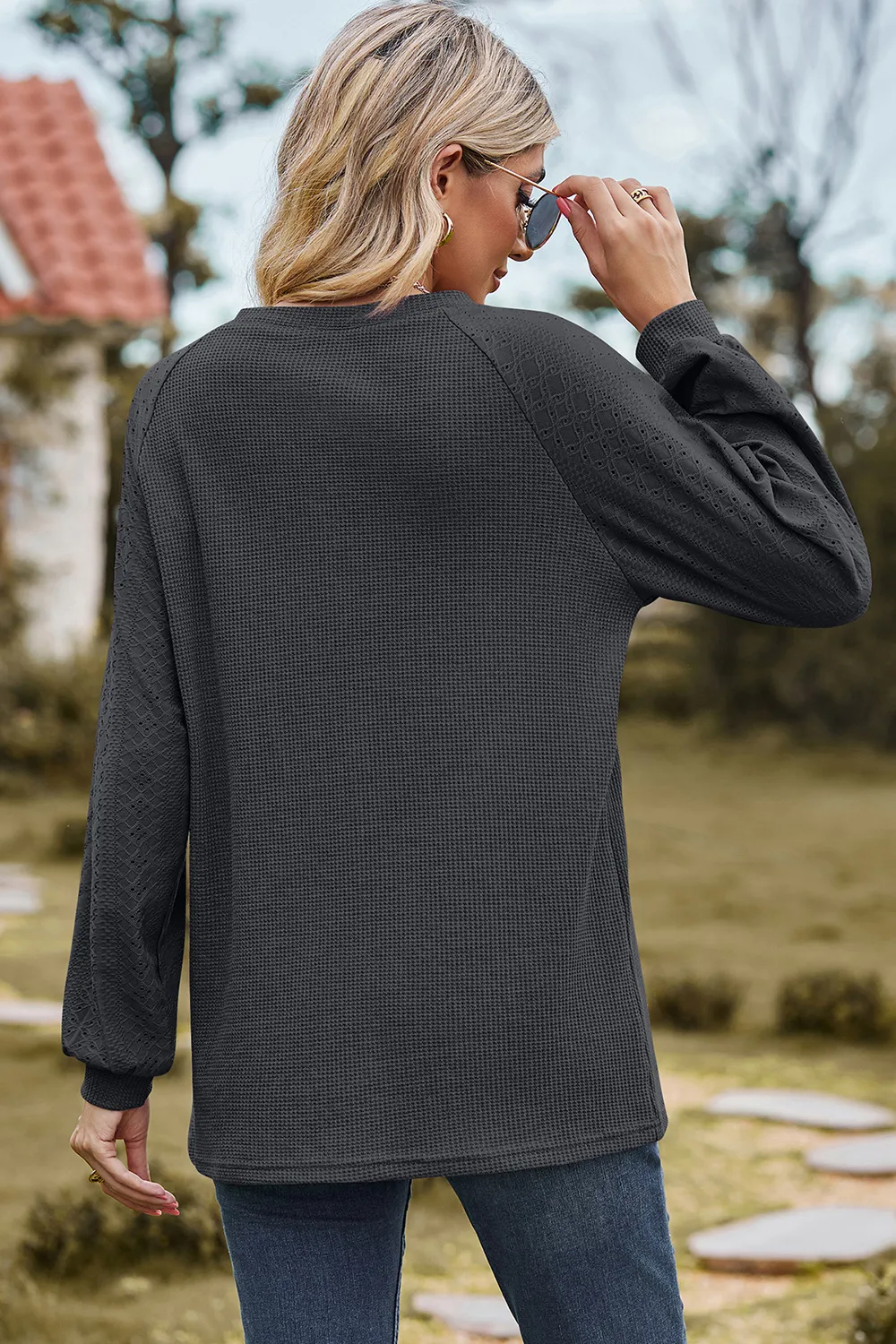 Eyelet Round Neck Long Sleeve T-Shirt, image 15