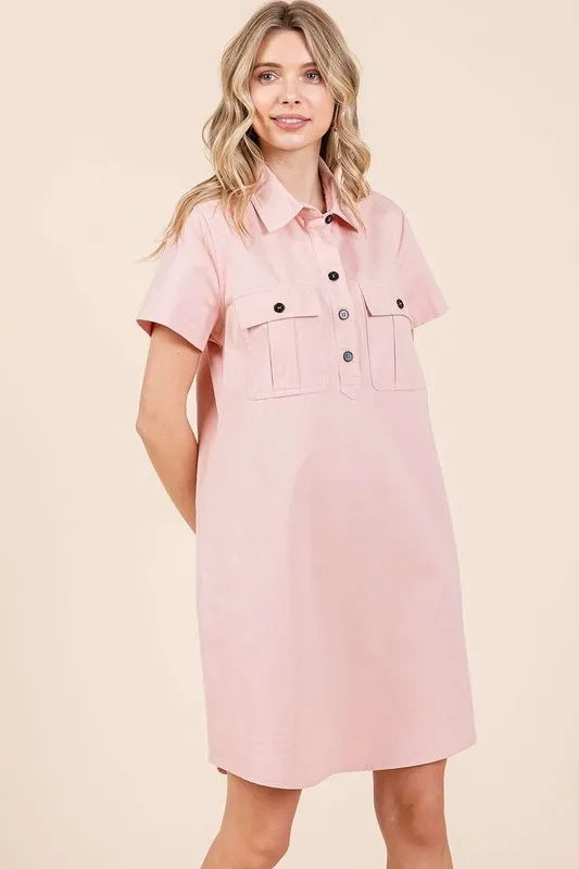 Button Detail Collared Neck Short Sleeve Shirt Dress, image 4