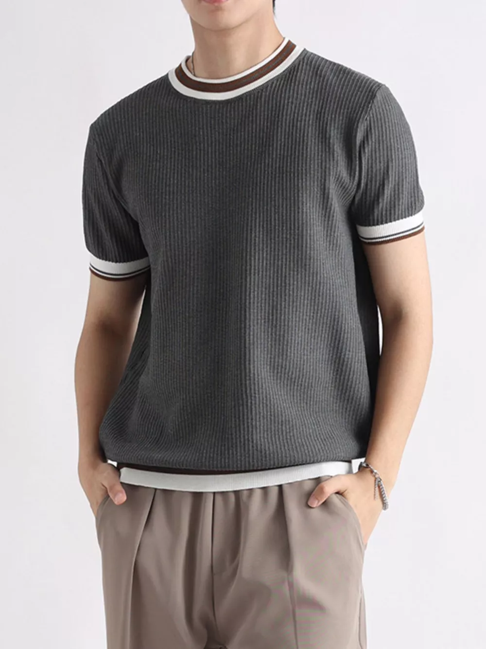 Men's Plus Size Contrast Trim Shorts Sleeve T-Shirt, image 6