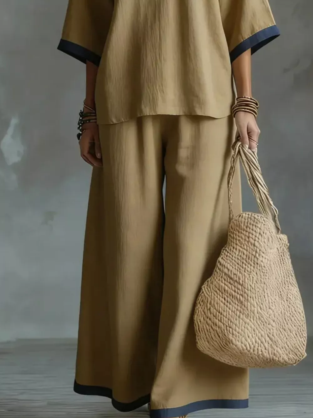 Full Size Contrast Trim V-Neck Top and Pants Set Plus Size, image 6