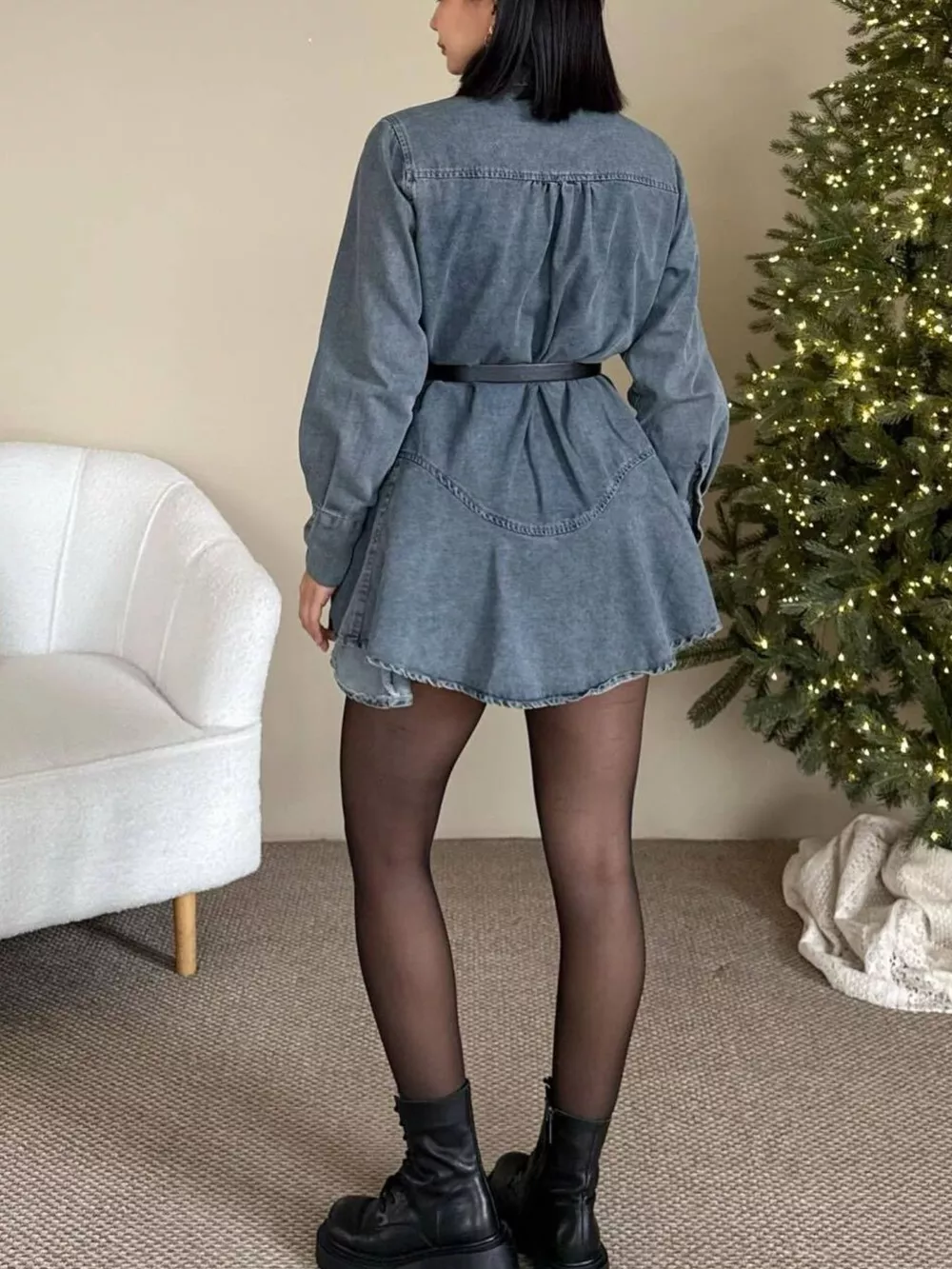 Vintage Washed Long Sleeve Denim Shirt Mini Dress, image 3