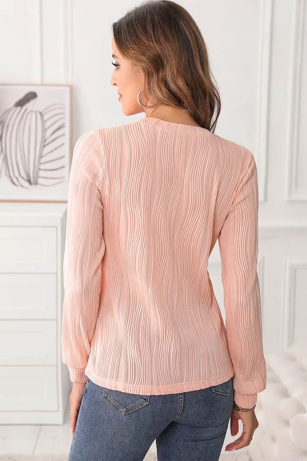 Textured Round Neck Long Sleeve Blouse, image 16