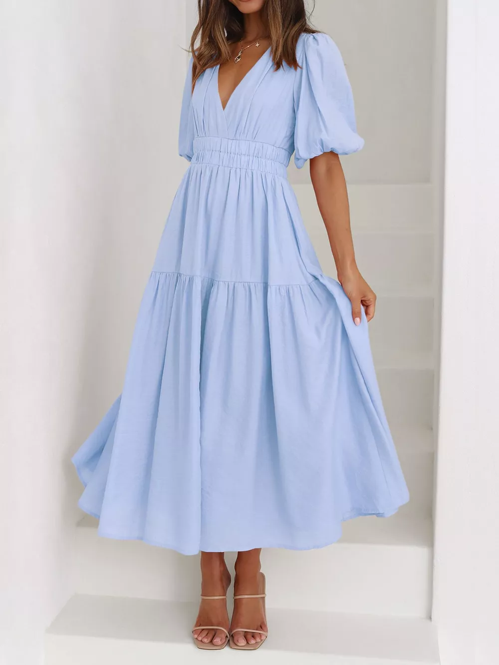 Elegant Puff Sleeve V-Neck Midi Dress, image 13