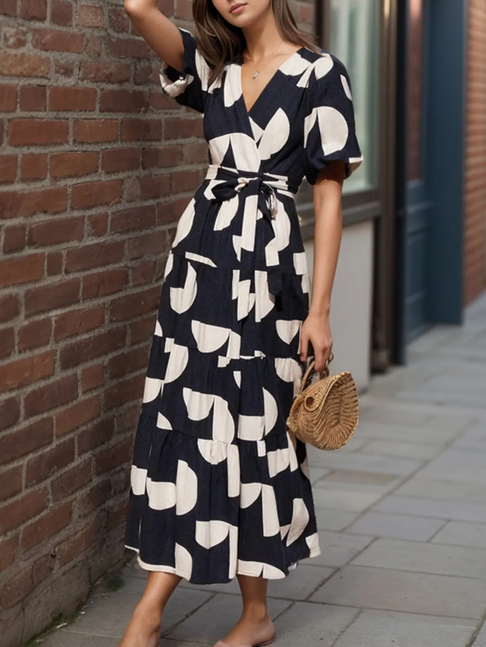Tied Slit Printed Half Sleeve Midi Dress, image 8