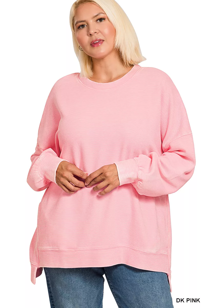Full Size Acid Washed Double Ribbed Hi-low Sweatshirt Plus Size, image 2