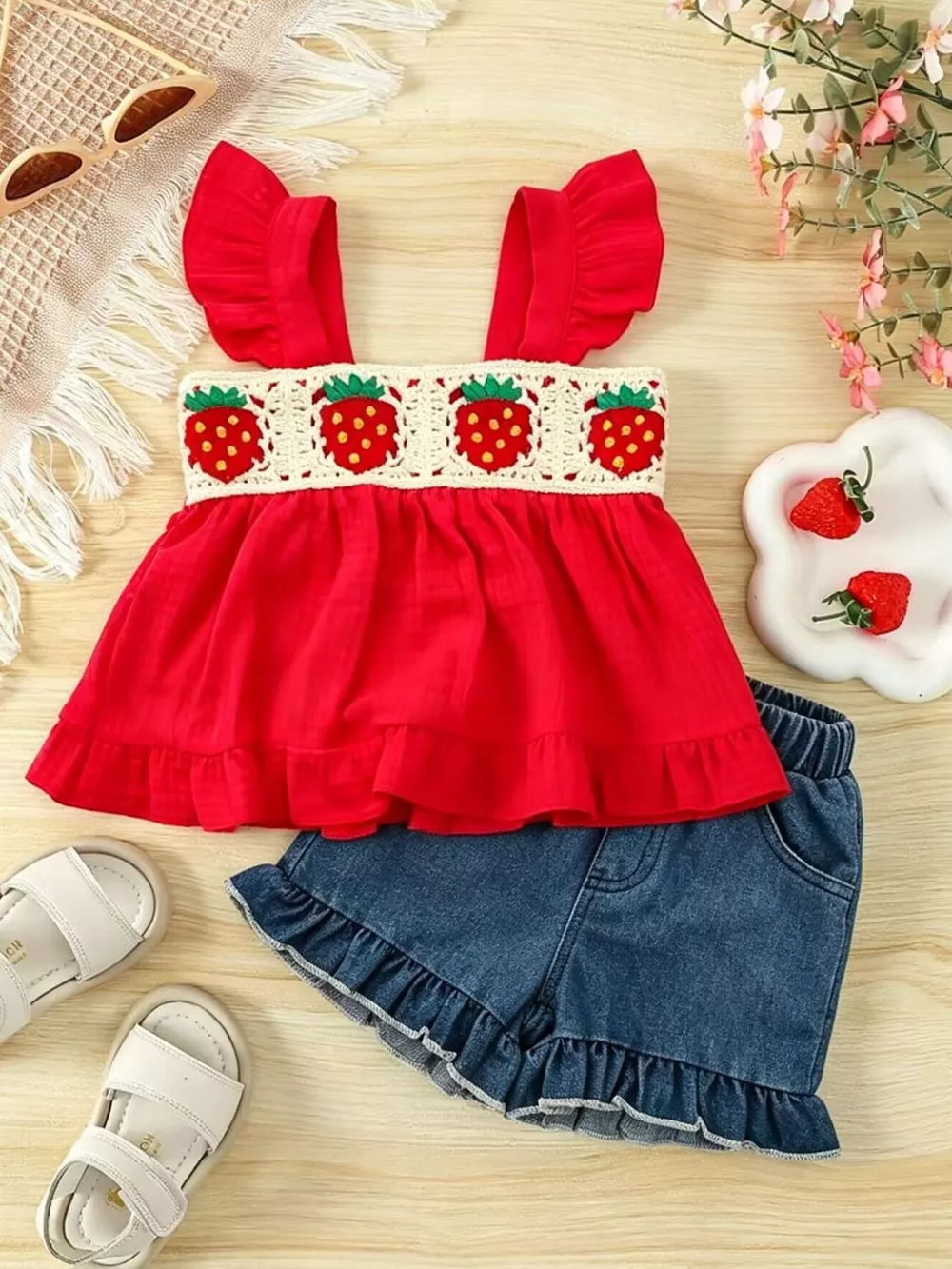 Children's Strawberry Crochet Trimmed Top and Denim Shorts Set, image 2