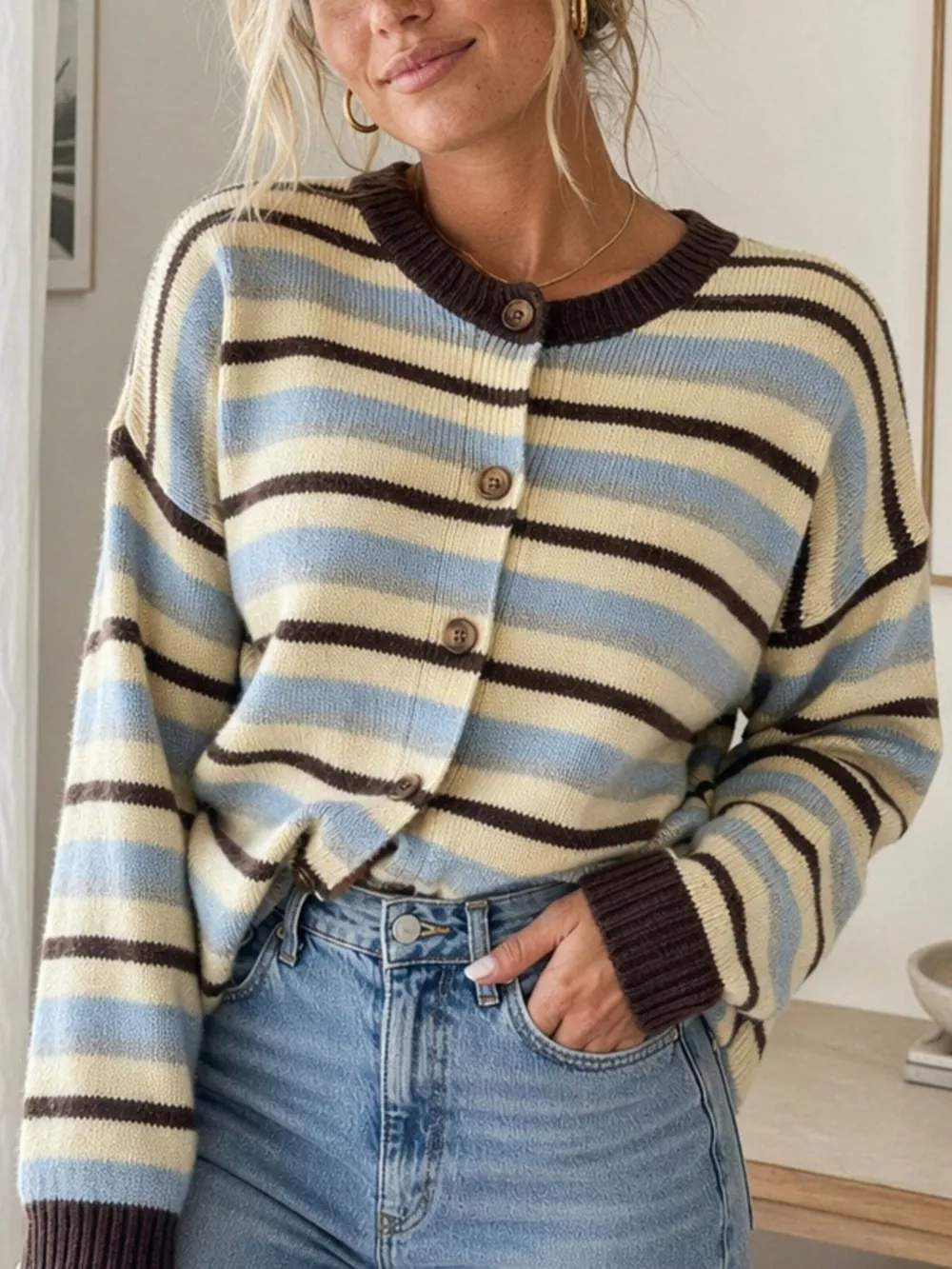 Striped Crew Neck Button-Down Cardigan
