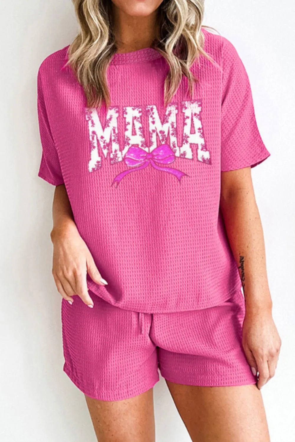 Waffle Sequin Floral MAMA Bow Graphic Top and Shorts Set, image 4