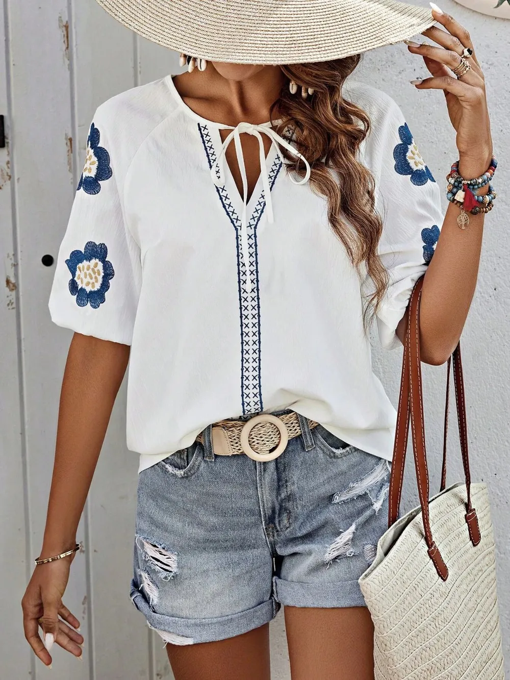 Embroidered Tie Neck Puff Sleeve Blouse, image 10